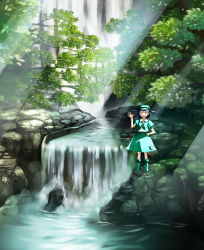 Rule 34 | 1girl, blue eyes, blue hair, boots, female focus, forest, green hat, hand on own hip, hat, hip focus, kawashiro nitori, key, light rays, matching hair/eyes, mugishima, nature, outdoors, plant, river, scenery, short hair, skirt, skirt set, smile, solo, sunbeam, sunlight, touhou, tree, twintails, two side up, water, waterfall, waving