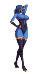 1girl absurdres arm_behind_head blu_pyro_(tf2) blue_bodysuit blue_eyes blue_footwear blue_gloves blue_hair bodysuit boots breasts commission covered_navel full_body gas_mask gloves hair_over_one_eye hand_on_own_hip highres large_breasts long_hair looking_at_viewer mask non-web_source peach88 ponytail pyro_(tf2) respirator simple_background solo team_fortress_2 thigh_boots white_background zipper