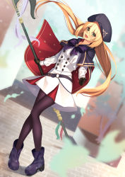 Rule 34 | 1girl, artoria caster (fate), artoria caster (second ascension) (fate), artoria pendragon (fate), belt, beret, bijutubuinn, black bow, black gloves, black pantyhose, blonde hair, blue belt, blue cloak, blue hat, boots, bow, buttons, city, cloak, collared shirt, fate/grand order, fate (series), flower, full body, gloves, gold trim, green eyes, hair bow, hat, highres, holding, long hair, multicolored cloak, pantyhose, purple bow, purple footwear, shirt, skirt, solo, standing, twintails, water, white background, white shirt, white skirt