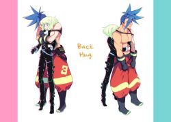 Rule 34 | 2boys, ascot, baggy pants, belt, biker clothes, black gloves, black jacket, blue eyes, blue hair, blush, galo thymos, gloves, green hair, half gloves, hug, hug from behind, jacket, kiharatta, lio fotia, long sleeves, male focus, multiple belts, multiple boys, open mouth, pants, pectorals, promare, purple eyes, short hair, size difference, spiked hair, topless male, yaoi