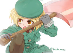 Rule 34 | 1girl, axe, beret, blonde hair, blush, breasts, brown gloves, brown pantyhose, coat, fate/grand order, fate (series), gloves, green coat, green hat, hat, long sleeves, looking to the side, open mouth, pantyhose, parted bangs, paul bunyan (fate), short hair, small breasts, solo, thighs, torichamaru, yellow eyes