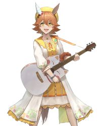 Rule 34 | + +, 1girl, alternate costume, animal ears, bad id, bad pixiv id, beret, cowboy shot, dress, ear covers, flipped hair, guitar, hair between eyes, hair ornament, hat, highres, holding, holding instrument, horse ears, horse girl, horse tail, hrt 0001, instrument, looking at viewer, matikanefukukitaru (good omen first storm) (umamusume), matikanefukukitaru (umamusume), open mouth, orange hat, short hair, single ear cover, solo, spread legs, tail, umamusume, v-shaped eyebrows