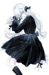Rule 34 | 1girl, black dress, dress, fetal position, flower, highres, isshiki shime, long hair, looking to the side, original, solo, white background, white hair, yellow eyes