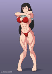 Rule 34 | 1990s (style), 1girl, abs, barefoot, bikini, black hair, breasts, brown eyes, clothes lift, final fantasy, final fantasy vii, gradient background, highleg, highleg bikini, highleg swimsuit, highres, large breasts, long hair, muscular, navel, red bikini, retro artstyle, shirt lift, solo, swimsuit, thick thighs, thighs, tifa lockhart, toes, zephleit