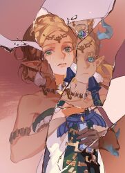 Rule 34 | 1girl, absurdres, armlet, blonde hair, blue eyes, braid, chinese commentary, circlet, collar, collarbone, colored eyelashes, colored sclera, commentary request, crack, crown braid, dress, dual persona, earrings, expressionless, green eyes, highres, jewelry, material growth, nintendo, parted lips, pointy ears, princess zelda, purple sclera, red background, short hair, single braid, solo, split theme, strapless, strapless dress, the legend of zelda, the legend of zelda: tears of the kingdom, upper body, white dress, yanzhi bai