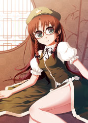 Rule 34 | 1girl, bad id, bad pixiv id, bespectacled, braid, cpu (hexivision), female focus, glasses, green eyes, hat, hong meiling, indoors, lying, red hair, smile, solo, embodiment of scarlet devil, touhou, twin braids