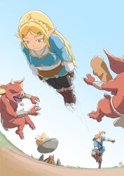 Rule 34 | 1boy, 1girl, 2others, action lines, automatic giraffe, blonde hair, blue shirt, bokoblin, boots, cooking pot, disgust, fangs, fingerless gloves, gloves, grass, link, multiple others, nintendo, open mouth, pointy ears, princess zelda, rice, shirt, the legend of zelda, the legend of zelda: breath of the wild, throwing, throwing person