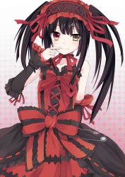 Rule 34 | 10s, 1girl, bare shoulders, black hair, clock eyes, date a live, dress, east01 06, hairband, heterochromia, light smile, lolita fashion, lolita hairband, long hair, looking at viewer, red eyes, solo, symbol-shaped pupils, tokisaki kurumi, twintails, yellow eyes