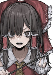 Rule 34 | 1girl, absurdres, ascot, bare shoulders, bow, brown ascot, collarbone, collared dress, detached sleeves, dress, eyes visible through hair, fang, fangs, female focus, frills, gohei, grey eyes, grey hair, hair between eyes, hair ornament, hair tubes, hakurei reimu, hand up, highres, hisha (kan moko), long sleeves, looking at viewer, medium hair, open mouth, red bow, red dress, simple background, solo, teeth, tongue, touhou, upper body, v-shaped eyebrows, white background, wide sleeves