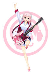 Rule 34 | 1girl, blush, breasts, cleavage, denim, denim shorts, guitar, headphones, highres, instrument, jacket, large breasts, long hair, looking at viewer, nitroplus, open mouth, penq, pink hair, plectrum, red eyes, shirt, shoes, shorts, smile, solo, standing, standing on one leg, super sonico, t-shirt