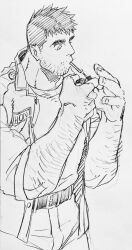 Rule 34 | 1boy, arm hair, bara, belt, cigarette, dickfish (fishismdick), facial hair, from side, glasses, greyscale, highres, large hands, lighting cigarette, male focus, mature male, monochrome, muscular, muscular male, original, rottweil (dickfish), scan, short hair, sideburns, sketch, solo, stubble, thick eyebrows, traditional media, undercut