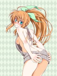 Rule 34 | 1girl, ahoge, alternate hair color, argyle, argyle background, argyle clothes, ass, back, backless dress, backless outfit, bare back, blush, breasts, butt crack, closed mouth, commentary request, covering ass, covering privates, cowboy shot, dress, embarrassed, from behind, frown, fuka reventon, green background, green eyes, green panties, grey sweater, halterneck, kiriya (aprikose 0312), leaning forward, long hair, looking at viewer, looking back, lyrical nanoha, medium breasts, meme attire, orange hair, panties, ponytail, ribbed sweater, sideboob, simple background, solo, standing, sweater, sweater dress, turtleneck, turtleneck sweater, underwear, virgin killer sweater, vivid strike!, white background