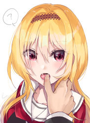 Rule 34 | 1girl, ?, blonde hair, cardigan, commentary request, fangs, finger in another&#039;s mouth, hair between eyes, hairband, highres, idolmaster, idolmaster cinderella girls, idolmaster cinderella girls starlight stage, kurosaki chitose, long hair, long sleeves, looking at viewer, open mouth, red cardigan, red eyes, sailor collar, soubimonogatari507, upper body, white background