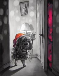 Rule 34 | 1girl, baku (creature), book, commentary request, crying, door, doremy sweet, doremy sweet (baku), dots, dress, greyscale, hat, holding, holding book, indoors, koto inari, lamp, long hair, monochrome, nightcap, open mouth, shadow, short sleeves, spot color, touhou, walking