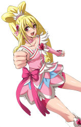 Rule 34 | 1girl, aida mana, blonde hair, bow, brooch, clenched hand, clenched hands, cure heart, dokidoki! precure, foreshortening, hair ornament, heart, heart brooch, heart hair ornament, jewelry, long hair, minarai zouhyou, outstretched arm, pink bow, pink eyes, precure, simple background, smile, solo, white background