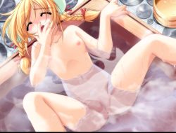 Rule 34 | 1girl, blonde hair, blush, breasts, downhill night, emily (pure dream), closed eyes, game cg, kotosato yuuna, nude, pussy, top (company), twintails, uncensored, water