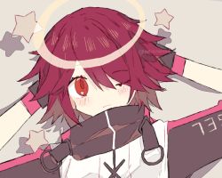 Rule 34 | 1girl, arknights, arms behind head, arms up, black gloves, blush, breasts, closed mouth, clothes writing, exusiai (arknights), gloves, hair over one eye, halo, high collar, jacket, looking at viewer, melanbread, one eye closed, red eyes, red hair, short hair, simple background, small breasts, star (symbol), symbol-only commentary, tan background, white jacket