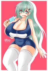 Rule 34 | 10s, 1girl, ayazumi flutter, blue one-piece swimsuit, breasts, cleavage, collarbone, eating, embarrassed, female focus, food, green eyes, green hair, huge breasts, kantai collection, long hair, matching hair/eyes, one-piece swimsuit, plump, school swimsuit, sideboob, simple background, solo, standing, suzuya (kancolle), sweatdrop, swimsuit, thighhighs, white thighhighs, wide hips