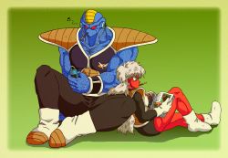 Rule 34 | 2boys, armor, bad id, bad pixiv id, blue skin, boots, burter, collarbone, colored skin, dragon ball, dragonball z, food, food in mouth, ginyu force, gloves, green eyes, headphones, highres, jeice, long hair, magazine (object), male focus, mouth hold, multiple boys, muscular, musical note, pocky, red eyes, red skin, shinomiya akino, white hair, wristband