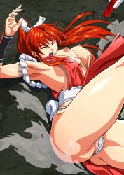 Rule 34 | 1girl, artist request, breasts, brown hair, cameltoe, closed eyes, defeat, fatal fury, female focus, gradient background, hair ornament, highres, imminent rape, long hair, lying, ninja, nipples, panties, partially visible vulva, pelvic curtain, ponytail, pussy, shiranui mai, snk, solo, the king of fighters, uncensored, unconscious, underwear, white panties
