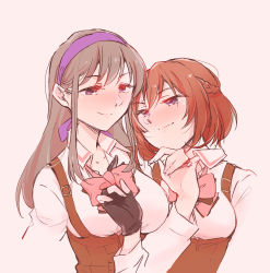 Rule 34 | 2girls, assault lily, black gloves, blue eyes, blush, bow, bowtie, braid, breasts, brown hair, closed mouth, clothes grab, collarbone, collared shirt, commentary request, corset, cropped arms, fingernails, french braid, gloves, hair between eyes, hairband, hand up, head tilt, highres, kishimoto maria mirai, long hair, long sleeves, looking at another, looking to the side, ludvico private girls&#039; academy school uniform, medium breasts, multiple girls, nose blush, partially fingerless gloves, pink background, pink bow, pink bowtie, purple eyes, purple hairband, santouka, school uniform, shirt, short hair, side-by-side, simple background, smile, smirk, suspenders, takatori natalie towa, underbust, upper body, white shirt, yuri