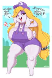 Rule 34 | 1girl, absurdres, barefoot, blonde hair, braid, breasts, rabbit, cleavage, english text, furry, gloves, hariet (mario), hat, highres, huge breasts, looking at viewer, mario (series), mehdrawings, naked overalls, nintendo, overalls, skindentation, smug, super mario odyssey, thick thighs, thighs, wide hips