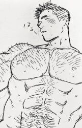 Rule 34 | 1boy, abs, arm hair, bara, blush, chest hair, completely nude, dickfish (fishismdick), hairy, highres, john rottweil (dickfish), large pectorals, lying, male focus, mature male, muscular, muscular male, navel, navel hair, nipples, nude, on back, original, pectorals, scan, short hair, sideburns, sketch, sleeping, snoring, solo, stomach, thick eyebrows, traditional media, translation request