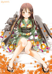 Rule 34 | 10s, 1girl, amagi (kancolle), bare legs, brown hair, chikuma (kancolle), japanese clothes, kantai collection, kimono, leaf, leaf print, long hair, looking at viewer, machinery, sandals, sitting, smile, sogabe toshinori, solo, yellow eyes