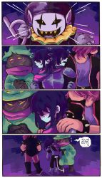 Rule 34 | 1girl, 1other, 2boys, 4koma, black sclera, blue hair, blue skin, bracelet, colored sclera, colored skin, comic, deltarune, demon tail, english text, fake tail, glasses, hand on another&#039;s shoulder, hat, highres, jester cap, jevil, jewelry, kris (deltarune), mamaito, monster boy, monster girl, multiple boys, purple hair, ralsei, scarf, sharp teeth, spiked bracelet, spikes, susie (deltarune), sweatdrop, tail, teeth, yellow eyes