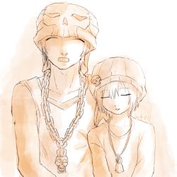 Rule 34 | 1boy, 1girl, beanie, bell, bitou daisukenojou, bitou raimu, brother and sister, chain, chain necklace, closed eyes, eyebrows hidden by hair, hat, jewelry, long sleeves, necklace, open mouth, shirt, short hair, siblings, sitting, skull necklace, skull print, sleeping, sleeveless, sleeveless shirt, subarashiki kono sekai