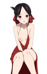 Rule 34 | 1girl, alternate costume, bare shoulders, between legs, black hair, blush, breasts, cleavage, collarbone, coro fae, dot nose, dress, folded ponytail, hair ribbon, highres, invisible chair, kaguya-sama wa kokurasetai ~tensai-tachi no renai zunousen~, legs, looking at viewer, nervous smile, nipples, one breast out, parted bangs, plunging neckline, red dress, red eyes, red ribbon, ribbon, shinomiya kaguya, sidelocks, simple background, sitting, small breasts, smile, solo, spaghetti strap, sweatdrop, tsurime, white background