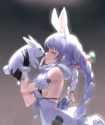 Rule 34 | 1girl, = =, animal, animal ear fluff, animal ears, bare shoulders, black background, black gloves, black leotard, blue hair, blush, bow, braid, breasts, brown background, carrot hair ornament, chiiririn, closed eyes, commentary, detached sleeves, don-chan (usada pekora), dress, food-themed hair ornament, from side, fur-trimmed gloves, fur trim, gloves, gradient background, hair bow, hair ornament, hands up, holding, holding animal, hololive, leotard, long hair, multicolored hair, profile, puffy short sleeves, puffy sleeves, rabbit, rabbit ears, short eyebrows, short sleeves, sideboob, signature, strapless, strapless dress, strapless leotard, thick eyebrows, twin braids, twintails, two-tone hair, usada pekora, usada pekora (1st costume), very long hair, virtual youtuber, white bow, white dress, white hair, white sleeves