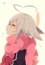 Rule 34 | 1girl, :&lt;, ahoge, animal ears, black jacket, bow, bowtie, commentary request, ears down, closed eyes, fox ears, highres, jacket, long hair, monochrome background, muuran, original, pink scarf, scarf, silver hair, simple background, solo