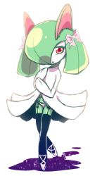Rule 34 | 1girl, black thighhighs, bow, bow panties, choker, creatures (company), female focus, flat chest, full body, game freak, garter belt, garter straps, gen 3 pokemon, green hair, hair bow, hair over one eye, hands up, kirlia, looking at viewer, negoya, nintendo, no humans, open mouth, panties, pink bow, pink choker, pink footwear, pink panties, pokemon, pokemon (creature), red eyes, shoes, simple background, solo, standing, thighhighs, underwear, white background