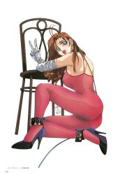 Rule 34 | 1990s (style), 1girl, ankle cuffs, antenna hair, black footwear, bodysuit, brown hair, chair, collar, crotch seam, dated, elbow gloves, full body, gloves, high heels, highres, leash, lipstick, long hair, looking at viewer, makeup, open mouth, original, pumps, red lips, retro artstyle, see-through bodysuit, see-through, simple background, solo, umetsu yukinori, v, white background, white gloves