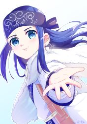 Rule 34 | 1girl, absurdres, ainu, ainu clothes, asirpa, bad id, bad pixiv id, bandana, black hair, blue bandana, blue eyes, cape, earrings, fur cape, golden kamuy, highres, hoop earrings, jewelry, long hair, looking at viewer, outstretched arm, reaching, reaching towards viewer, rinkarinne, sheath, sheathed, simple background, smile, solo, white background, white cape, white fur