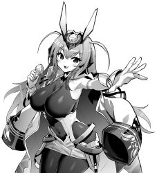 Rule 34 | 1girl, azur lane, bare shoulders, bodystocking, breasts, clothing cutout, coat, coat on shoulders, food, gloves, greyscale, headgear, highres, holding, holding food, hori (hori no su), large breasts, long hair, monochrome, navel, new jersey (azur lane), open clothes, open coat, outstretched arm, shiny clothes, simple background, solo, stomach cutout, white background, white coat, white gloves