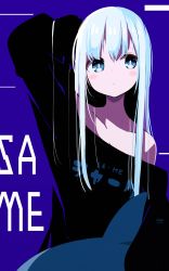 Rule 34 | 1girl, absurdres, arm up, text background, bare shoulders, black shirt, blue eyes, blush stickers, closed mouth, clothes writing, collarbone, commentary request, hair between eyes, highres, long hair, long sleeves, off-shoulder shirt, off shoulder, okota mikan, original, purple background, romaji text, shirt, sleeves past fingers, sleeves past wrists, solo, stuffed animal, stuffed shark, stuffed toy, translation request, upper body, white hair