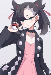 Rule 34 | 1girl, absurdres, asymmetrical bangs, black choker, black hair, black jacket, black nails, choker, closed mouth, commentary, creatures (company), dress, ear piercing, english commentary, eyelashes, game freak, green eyes, grey background, highres, holding, holding poke ball, jacket, looking at viewer, marnie (pokemon), medium hair, nintendo, open clothes, open jacket, piercing, pink dress, piyo to game, poke ball, poke ball (basic), pokemon, pokemon swsh, simple background, solo, standing, twintails