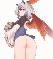 Rule 34 | 1girl, ass, back cutout, backless outfit, bird wings, blue hair, blush, book, book stack, bottomless, brown eyes, censored, clothing cutout, commentary, cowboy shot, from behind, gradient hair, hair between eyes, head wings, highres, holding, holding book, long sleeves, looking at viewer, looking back, miyo (ranthath), mosaic censoring, multicolored hair, pussy, short hair, shoulder blades, simple background, solo, thighs, tokiko (touhou), touhou, white background, white hair, wide sleeves, wings