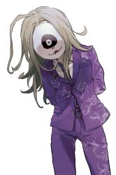 Rule 34 | 1boy, ahoge, arms behind back, blonde hair, blue necktie, collared shirt, covered face, facing viewer, floral print, formal, highres, jacket, long hair, long sleeves, makoto kagutsuchi, male focus, mask, master detective archives: rain code, necktie, pants, purple jacket, purple pants, shirt, simple background, solo, standing, suit, usetsu illust, white background, white shirt
