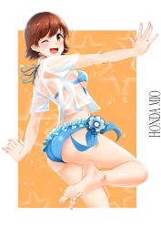 Rule 34 | 1girl, ;d, bad feet, bare legs, barefoot, bikini, bikini under clothes, blue bikini, blush, brown eyes, brown hair, casino (casinoep), character name, feet, frilled bikini, frills, highres, honda mio, idolmaster, idolmaster cinderella girls, looking at viewer, looking to the side, one eye closed, open mouth, see-through, shirt, short hair, short sleeves, simple background, smile, soles, solo, spiked hair, spread toes, swimsuit, swimsuit under clothes, teeth, toes, upper teeth only, wet, wet clothes, wet shirt, white shirt