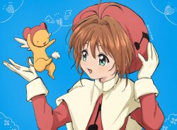 Rule 34 | 1girl, aqua eyes, brown hair, cardcaptor sakura, commentary request, feng (feng efu), gloves, green eyes, hat, kero (cardcaptor sakura), kinomoto sakura, looking at another, open mouth, short hair, smile, upper body