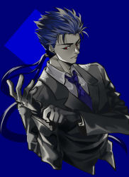 Rule 34 | 1boy, adjusting clothes, adjusting gloves, alternate costume, black gloves, blue hair, blue necktie, blue theme, cu chulainn (fate), cu chulainn (fate/stay night), edwintarm, fate/grand order, fate/stay night, fate (series), formal, gloves, highres, necktie, ponytail, red eyes, solo, suit, upper body