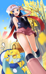 Rule 34 | 1girl, absurdres, arm behind back, beanie, blue eyes, blue hair, blue sky, boots, breasts, creatures (company), curvy, dawn (pokemon), falling leaves, falling petals, from below, game freak, gen 4 pokemon, hand on headwear, hand up, hat, highres, knee boots, kneehighs, leaf, legs, long hair, looking at viewer, miniskirt, nintendo, open mouth, petals, piplup, pokemon, pokemon (creature), pokemon dppt, poketch, scarf, shiny skin, skirt, sky, small breasts, socks, straight hair, thighs, tm (hanamakisan), watch, wristwatch
