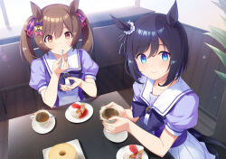 Rule 34 | 2girls, animal ears, black bow, black hair, blue eyes, bow, brown eyes, brown hair, cake, cake slice, closed mouth, commentary request, cup, eating, eishin flash (umamusume), food, gennosuke, hair between eyes, highres, holding, holding cup, horse ears, horse girl, horse tail, indoors, looking at viewer, multiple girls, on chair, pleated skirt, puffy short sleeves, puffy sleeves, purple shirt, saucer, school uniform, shirt, short sleeves, sitting, skirt, smart falcon (umamusume), smile, spoon, steam, strawberry shortcake, tail, tracen school uniform, twintails, umamusume, white skirt