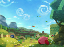 Rule 34 | blue sky, bug, butterfly, castle, castle dedede, cliff, cloud, day, gooey (kirby), grass, highres, insect, kirby, kirby: star allies, kirby (series), mountain, nintendo, outdoors, revision, running, sky, star (symbol), suyasuyabi, tree