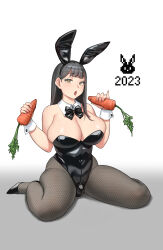 Rule 34 | 1girl, 2023, absurdres, animal ears, bare shoulders, black hair, breasts, brown eyes, bulge, carrot, chinese zodiac, cleavage, covered testicles, fake animal ears, fishnet pantyhose, fishnets, futanari, highres, large breasts, leotard, long hair, looking at viewer, new year, newhalf, original, pantyhose, playboy bunny, popuka9, rabbit ears, sitting, solo, testicles, year of the rabbit