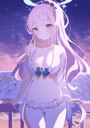 Rule 34 | 1girl, angel wings, aonegi, artist name, bare shoulders, beach, bikini, black scrunchie, blue archive, blue bow, blurry, blurry background, blush, bow, breasts, cleavage, closed mouth, cloud, cloudy sky, collarbone, crescent, cross, feathered wings, frilled bikini, frills, hair ornament, hair scrunchie, halo, high ponytail, highres, large breasts, long bangs, long hair, looking at viewer, low wings, mika (blue archive), multicolored sky, navel, ocean, outdoors, pink hair, pink sky, pink theme, raised eyebrows, sand, scrunchie, signature, sky, smile, solo, standing, star (sky), starry sky, starry sky print, stomach, sunset, swimsuit, thighs, white bikini, white wings, wings, yellow eyes
