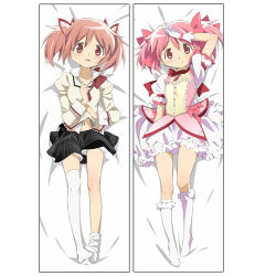 Rule 34 | 1girl, bed sheet, black skirt, bow, bowtie, breasts, closed mouth, collared shirt, commentary request, dakimakura (medium), dress, frilled socks, frills, full body, gloves, hair bow, hair ribbon, hand up, juliet sleeves, kaname madoka, kaname madoka (magical girl), kneehighs, long sleeves, looking at viewer, lowres, magical girl, mahou shoujo madoka magica, mitakihara school uniform, no shoes, official art, parted lips, pink bow, pink dress, pink eyes, pink hair, pink ribbon, plaid, plaid skirt, puffy short sleeves, puffy sleeves, red bow, red bowtie, ribbon, school uniform, shirt, short hair, short sleeves, short twintails, skirt, small breasts, smile, sock pull, socks, thighhighs, twintails, white gloves, white socks, white thighhighs